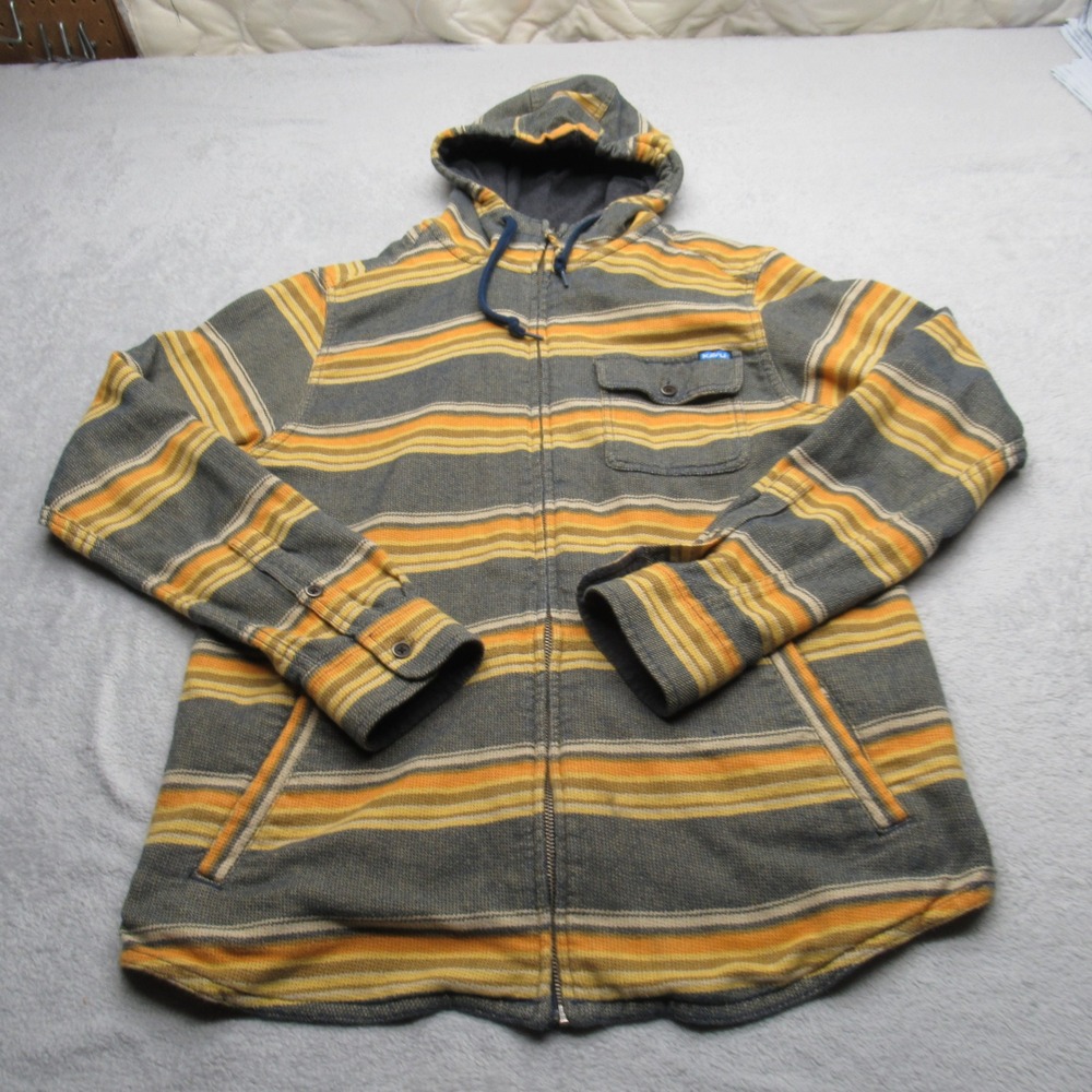 Kavu Seaboard Hoodie Mens Medium Gray Yellow Striped Pockets Full Zip Sweatshirt